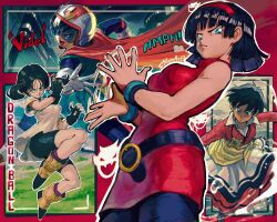 +_+ 1girl absurdres antennae belt bike_shorts black_belt black_gloves black_hair black_leggings black_shorts blue_eyes blunt_bangs blunt_ends bob_cut boots bracelet cape character_name commentary copyright_name dragon_ball dragon_ball_super dragonball_z dress dusting_off_self english_commentary fake_antennae fingerless_gloves floating_clothes floating_hair gloves great_saiyaman_2 hair_tubes hairband heart helmet highres jewelry kornart leggings looking_at_viewer looking_to_the_side low_twintails multiple_persona multiple_views necklace official_alternate_costume open_mouth orange_cape parted_hair pink_dress pixie_cut red_dress red_hairband shirt short_hair shorts sleeveless sleeveless_dress t-shirt twintails twitter_username velcro_footwear videl water white_gloves white_shirt yellow_boots
