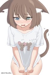 Rule 34 | 1girl, animal ears, blue eyes, blush, bottomless, brown hair, brown tail, cat ears, cat girl, cat tail, covering crotch, covering privates, ears down, green eyes, heterochromia, highres, indie virtual youtuber, looking down, michiyo mao, nose blush, onli720justmao, print shirt, shirt, shirt tug, short hair, tail, twitter username, white background, white shirt