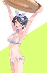 1girl arms_up bikini black_hair blue_eyes breasts commentary_request cowboy_shot donut_innertube green_background hairband highres hikari_no_oukokumin innertube kanojo_okarishimasu looking_at_viewer medium_breasts navel polka_dot polka_dot_bikini sarashina_ruka short_hair side-tie_bikini_bottom smile solo standing stomach swim_ring swimsuit white_background white_bikini white_hairband