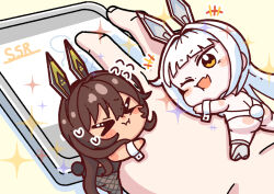 &gt;_&lt; +++ 2girls :i animal_ears ass backless_leotard black_leotard black_pantyhose blanc_(nikke) blunt_bangs blush_stickers breasts brown_hair cellphone chibi closed_eyes closed_mouth commentary_request dark-skinned_female dark_skin fake_animal_ears fake_tail fang fishnet_pantyhose fishnets flying_sweatdrops full_body goddess_of_victory:_nikke hair_between_eyes hatodokei highleg highleg_leotard highres leotard long_hair looking_at_viewer medium_breasts multiple_girls noir_(nikke) one_eye_closed open_mouth pantyhose phone playboy_bunny rabbit_ears rabbit_tail siblings sidelocks sisters skin_fang smartphone smile sparkle strapless strapless_leotard sweatdrop tail very_long_hair white_hair white_leotard wrist_cuffs yellow_eyes
