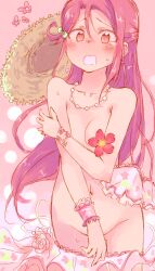 1girl bikini bikini_bottom_around_leg blush collarbone covering_breasts covering_privates embarrassed hat jewelry long_hair love_live! love_live!_sunshine!! navel necklace nekokun open_mouth red_hair sakurauchi_riko simple_background standing swimsuit topless_female
