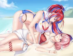 2girls all_fours alternate_costume ass bare_shoulders bikini blue_eyes blue_hair blush breast_press breasts cleavage eye_contact female_alear_(fire_emblem) fire_emblem fire_emblem_engage fire_emblem_heroes hair_ribbon hairband highres lapis_(fire_emblem) large_breasts long_hair looking_at_another lying multicolored_hair multiple_girls nintendo on_back open_mouth pink_eyes pink_hair red_hair ribbon sarong short_hair smile succducc888 swimsuit top-down_bottom-up very_long_hair