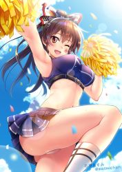 1girl ;d arm_up armpits ashigara_(kancolle) ashigara_kai_ni_(kancolle) belt blue_skirt blue_sky blush breasts brown_eyes brown_hair cheerleader cloud crop_top day facial_mark fangs female_focus hair_ornament hair_ribbon hairband hand_up highres ishihara_masumi kantai_collection large_breasts leg_up long_hair looking_at_viewer midriff miniskirt navel one_eye_closed open_mouth outdoors panties pleated_skirt pom_pom_(cheerleading) ponytail ribbon skindentation skirt sky sleeveless smile socks solo sweat thighs twitter_username underbust underwear wavy_hair white_panties