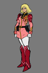 1girl armor armored_boots badge belt belt_buckle belt_pouch black_belt blonde_hair blue_eyes boots buckle clenched_hands commentary crossover english_commentary full_body gloves gold_trim grey_background gun gundam handgun high_collar highres holster holstered jacket lancer_rpg medium_hair mobile_suit_gundam pants pink_boots pink_jacket pouch sayla_mass shadefish1 shoulder_armor simple_background sketch solo solo_focus standing weapon white_gloves white_pants