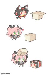 2girls ? animal_ear_fluff animal_ears artist_name barcode barcode_tattoo bell black_hair black_ribbon black_shorts box cable cable_tail cat_ears cat_girl cat_tail chibi dark-skinned_female dark_skin facial_mark forehead_mark forehead_tattoo green_eyes hair_ribbon hairband highres long_hair mechanical_tail mole multiple_girls multiple_tails neck_bell nekomiya_mana nicole_demara open_mouth pink_hair red_eyes red_hairband red_sleeves ribbon shorts sima_(exavalon00) tail tattoo triangle triangle_facial_mark two_tails white_background zenless_zone_zero