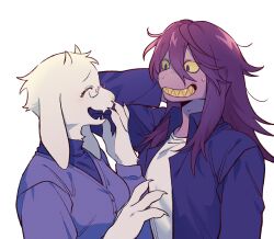 2girls ^_^ animal_ears arm_behind_head blue_jacket closed_eyes colored_sclera colored_teeth deltarune fangs fewer_digits furry furry_female glasses goat_ears goat_girl goat_horns grin hair_between_eyes highres horns jacket medium_hair multiple_girls open_mouth purple_hair sharp_teeth shout_ing simple_background smile susie_(deltarune) sweat teeth toriel upper_body white_background yellow_sclera yellow_teeth