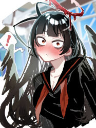 Rule 34 | !, 1girl, absurdres, antenna hair, arima kana, black hair, black sailor collar, black serafuku, black wings, blood, blood halo, blue archive, blush, breasts, cleavage, halo, highres, large breasts, liquid halo, long hair, looking at viewer, nose blush, pale skin, red eyes, sailor collar, sakana no hone, school uniform, serafuku, solo, speech bubble, spoken exclamation mark, tsurugi (blue archive), tsurugi (tokyo blade), wings