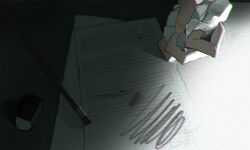 Rule 34 | 1girl, chromatic aberration, commentary request, crumpled paper, eraser, film grain, hatsune miku, highres, holding, holding paper, object focus, odds &amp; ends (vocaloid), paper, pencil, solo, translation request, vocaloid, yurun (yurun ume)