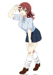1girl arm_up blue_eyes blue_shirt blue_skirt breasts brown_hair brown_shoes collared_shirt commentary_request corrupted_twitter_file dress_shirt emma_verde freckles full_body highres kneehighs large_breasts leaning_forward loafers long_hair loose_socks love_live! love_live!_nijigasaki_high_school_idol_club miniskirt nijigasaki_school_uniform pleated_skirt rainen_no_natsu_mo school_uniform shirt shoes short_sleeves simple_background skirt socks solo summer_uniform w w_over_eye white_background white_socks