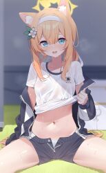 Rule 34 | 1girl, animal ear fluff, animal ears, black jacket, black shorts, blonde hair, blue archive, blue eyes, blue jacket, blue shorts, blurry, blurry background, blush, breasts, clothes lift, deyui, double-parted bangs, embarrassed, fox ears, gym shirt, hair between eyes, hair intakes, hairband, halo, highres, jacket, lifting own clothes, long hair, looking at viewer, low ponytail, mari (blue archive), mari (track) (blue archive), midriff, navel, nose blush, off shoulder, official alternate costume, on grass, open clothes, open fly, open jacket, open mouth, panties, panty peek, ponytail, shirt, shirt lift, short sleeves, shorts, sidelocks, sitting, small breasts, solo, spread legs, stomach, sweat, thighs, track jacket, underwear, unzipped, wavy mouth, wet, wet clothes, wet shirt, white hairband, white panties, white shirt, yellow halo