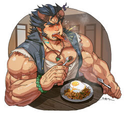 1boy bara bead_bracelet beads blush bracelet closed_eyes egg fang feet_out_of_frame food fork hot jacket jewelry large_pectorals male_focus manly mature_male muscular muscular_arms muscular_male open_clothes open_jacket open_mouth pectorals restaurant rice rybiok simple_background sleeveless spoon sweat sweatdrop table takemaru_(housamo) tank_top thick_eyebrows tokyo_houkago_summoners tongue tongue_out tusks veins wooden_table