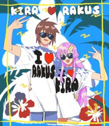 1boy 1girl blue_pants blue_shorts brown_hair character_name cloud couple g_(ee_mazid) gundam gundam_seed hair_ornament heart hetero i_heart... kira_yamato lacus_clyne long_hair looking_at_viewer open_mouth pants pink_hair ranguage red_nails round_eyewear shadow shorts sky smile sunglasses v very_long_hair water
