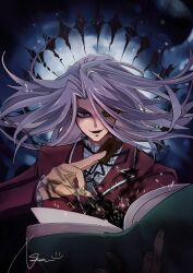 1boy black_background blazer blue_background blue_eyes book border card dappled_moonlight dress_shirt facing_viewer frilled_sleeves frills grey_eyes grin hand_up highres holding holding_book holding_card jacket light_particles looking_at_viewer male_focus millennium_eye moonlight open_book ornate_border parted_bangs pegasus_j_crawford red_jacket sannee_618 shirt smile smoke sparkle sparks upper_body vignetting white_hair white_shirt wind yu-gi-oh! yu-gi-oh!_duel_monsters
