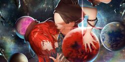1girl black_choker black_shirt breasts chain choker commentary earth_(ornament) english_commentary galaxy game_cg gold_chain hecatia_lapislazuli highres kyo_zip looking_at_viewer medium_hair moon_(ornament) off-shoulder_shirt off_shoulder official_art plaid_clothes plaid_skirt planet red_hair shirt short_sleeves skirt solo space star_(sky) third-party_source touhou touhou_lostword underworld_(ornament) zero_gravity