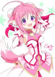 1girl :d ahoge animal_ears blush breasts commission dog_days dog_ears dog_girl dog_tail gloves hair_bun highres kamuraaa_615 looking_at_viewer medium_breasts millhiore_f._biscotti open_mouth pink_hair purple_eyes short_hair signature single_hair_bun skeb_commission skirt smile solo star_(symbol) star_symbol_background tail white_background white_gloves white_skirt