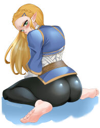 1girl absurdres artist_name ass barefoot black_leggings blonde_hair blue_shirt blush braid ceroccb closed_mouth commentary english_commentary feet from_behind full_body gold_trim green_eyes hair_ornament hairclip highres leggings long_sleeves looking_at_viewer looking_back nintendo on_ground pointy_ears princess_zelda shirt sidelocks simple_background sitting soles solo the_legend_of_zelda the_legend_of_zelda:_breath_of_the_wild toenails toes twitter_username v-shaped_eyebrows white_background
