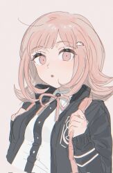 1girl :o black_jacket black_shirt brown_eyes brown_hair danganronpa_(series) danganronpa_2:_goodbye_despair dress_shirt flipped_hair fua1heyvot4ifsr highres jacket long_sleeves medium_hair nanami_chiaki neck_ribbon open_clothes open_jacket pink_ribbon ribbon shirt solo spaceship_hair_ornament teeth upper_body upper_teeth_only white_shirt