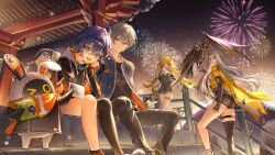 +_+ 2boys 3girls absurdres animal_ears asymmetrical_gloves asymmetrical_legwear bangboo_(zenless_zone_zero) belle_(zenless_zone_zero) bird bird_on_hand black_gloves black_thighhighs blonde_hair blue_hair crossed_bangs elbow_gloves eous_(zenless_zone_zero) fingerless_gloves fireworks gloves green_eyes grey_hair hair_between_eyes hair_ornament highres hood hood_down hooded_jacket jacket ju_fufu letter_hair_ornament long_hair long_sleeves looking_at_viewer mismatched_legwear multiple_boys multiple_girls night open_clothes open_jacket open_mouth orange_gloves pan_yinhu rity second-party_source short_hair single_thighhigh sitting smile socks standing thigh_strap thighhighs tiger_ears tiger_girl uneven_gloves uneven_legwear wise_(zenless_zone_zero) yixuan_(zenless_zone_zero) zenless_zone_zero