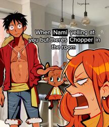 1girl 2boys absurdres antlers artist_name blank_eyes blue_shorts commentary earrings english_commentary english_text eyelashes hand_on_another&#039;s_head hat highres horns huyandere indoors jewelry long_hair monkey_d._luffy multiple_boys nami_(one_piece) one_piece open_clothes open_shirt orange_hair pearl_earrings red_shirt reindeer_antlers sash scar scar_on_chest shirt shorts straw_hat sweatdrop tony_tony_chopper turtleneck yellow_sash