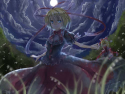 2girls :o blonde_hair blue_eyes bubble_skirt bush capelet cloud flower frilled_skirt frills huge_bow lily_of_the_valley long_sleeves medicine_melancholy moon multiple_girls nameless_hill night night_sky o_o phantasmagoria_of_flower_view puffy_short_sleeves puffy_sleeves ribbon shaded_face short_sleeves size_difference skirt sky smile straw_like su-san touhou white_eyes white_ribbon