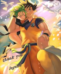 1girl 2boys absurdres backlighting bald bird black_dress black_footwear black_hair bodysuit cape closed_eyes commentary crossover curly_hair dove dragon_ball dragonball_z dress english_commentary english_text floating green_hair hand_on_another&#039;s_head high_heels highres kneeling levitation long_sleeves multiple_boys one-punch_man rkrk12 saitama_(one-punch_man) side_slit smile son_goku spiked_hair tatsumaki white_cape wristband yellow_bodysuit