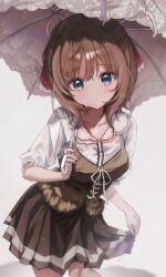 1girl ahoge amatsutsumi blue_eyes bow bowtie brown_hair brown_skirt brown_vest closed_mouth collared_shirt cowboy_shot frown highres holding holding_umbrella hoshi_pado lace-trimmed_umbrella looking_at_viewer minazuki_hotaru_(amatsutsumi) pleated_skirt rain red_bow shirt short_hair simple_background skirt solo three-quarter_sleeves umbrella vest wet wet_clothes white_background white_shirt white_umbrella