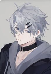 Rule 34 | 1boy, antenna hair, black jacket, blue eyes, casual, closed mouth, ear piercing, grey background, grey hair, hair ornament, hairclip, half-closed eyes, highres, hmayme4238, honkai: star rail, honkai (series), jacket, looking at viewer, male focus, phainon (honkai: star rail), piercing, simple background, solo