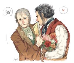 2boys artist_name black_hair blue_eyes book bouquet coat commentary english_commentary flower from_side fur-trimmed_coat fur_trim georg_hegel grey_hair heart highres holding holding_book holding_bouquet karl_marx long_sleeves looking_at_another m0n7e_carl0 male_focus multiple_boys orange_flower pink_flower real_life red_flower shirt short_hair simple_background speech_bubble spoken_heart upper_body white_background white_shirt yaoi