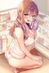 1girl :d absurdres ass bare_shoulders blue_eyes blush bottle breasts brown_hair cake calm_mashiro camisole carrot cleavage collarbone egg eyelashes food green_eyes hair_between_eyes hand_on_lap highres hot indoors jam lace lace-trimmed_panties lace_trim large_breasts long_hair looking_at_viewer melonbooks milk_carton non-web_source open_mouth original panties refrigerator shiny_skin sidelocks skindentation smile solo squatting sweat teeth towel towel_around_neck underwear upper_teeth_only vegetable white_camisole white_panties wooden_floor