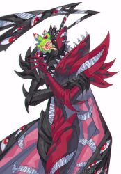 Rule 34 | abbadomon, abbadomon core, algomon, algomon baby ii, black skin, colored skin, commentary request, confeito000 333, cowboy shot, digimon, digimon (creature), extra eyes, extra mouth, highres, multicolored skin, red eyes, red skin, sharp teeth, simple background, solo focus, teeth, two-tone skin, white background