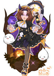 Rule 34 | 1girl, 2022, :3, @ @, absurdres, ahoge, animal ears, black dress, brown hair, commentary, discharge mochi, dress, ear covers, ghost, hairband, halloween, highres, horse ears, long sleeves, meisho doto (dot-o&#039;-lantern) (umamusume), meisho doto (umamusume), multicolored hair, official alternate costume, orange headwear, pantyhose, puffy sleeves, purple eyes, purple footwear, purple hairband, running, single ear cover, solo, two-tone hair, umamusume, white hair