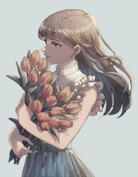 1girl bouquet brown_hair dress flower frilled_dress frills highres holding holding_bouquet long_hair looking_to_the_side original profile red_flower red_tulip simple_background sleeveless sleeveless_dress solo tulip yatori850