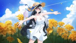 1girl absurdres bare_arms bare_shoulders black_hair blue_ribbon blush breasts cleavage commission dress flower hat hat_ribbon highres long_hair looking_at_viewer open_mouth original outstretched_arms purple_eyes red_eyes ribbon sidelocks sleeveless sleeveless_dress solo spread_arms straw_hat sun_hat white_dress yellow_flower yerin_01160530