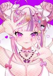 Rule 34 | 1girl, absurdres, ahoge, bandaid, bandaid hair ornament, bead necklace, beads, bell, blush, bone hair ornament, bow, bra, breasts, candy hair ornament, choker, clip studio paint (medium), commentary, crescent, crescent hair ornament, dated, double bun, fang, fingernails, fishnet top, fishnets, food-themed hair ornament, ginpe souda, hair bow, hair bun, hair ornament, hands up, heart, heart ahoge, heart collar, heart hair ornament, heart in eye, highres, ironmouse, jewelry, jingle bell, large breasts, lollipop hair ornament, long fingernails, looking at viewer, multicolored hair, nail polish, neck bell, necklace, parted lips, pink background, pink bow, pink bra, pink choker, pink eyes, pink hair, pink nails, pointy ears, polka dot, polka dot background, purple hair, skin fang, skull hair ornament, smile, solo, spiked choker, spikes, star (symbol), star hair ornament, strawberry hair ornament, streaked hair, symbol in eye, two-tone background, two-tone bra, two-tone hair, underwear, virtual youtuber, vshojo, white background, white bow, white bra, wing collar