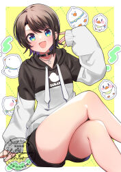 1girl :d arm_support baseball_cap black_choker black_hair black_hoodie black_shorts blue_eyes blush brown_hair choker commentary cosplay crossed_legs drawstring feet_out_of_frame fingernails hand_up hat highres hololive hood hood_down hoodie invisible_chair jewelry looking_at_viewer necklace o-ring o-ring_choker oozora_subaru open_mouth shinomiya_shino_(sinosino141) short_shorts shorts sitting sleeves_past_wrists smile solo star_(symbol) star_necklace subaru_duck swept_bangs thick_thighs thighs tokino_sora tokino_sora_(cosplay) tokino_sora_(streetwear) two-tone_hoodie virtual_youtuber watermark white_hoodie yellow_background