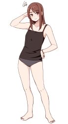 1girl arm_behind_head bare_arms bare_legs barefoot black_bra black_camisole black_panties black_skirt blush bra brown_hair camisole full_body hand_on_own_hip highres kapatarou light_blush long_hair original panties scratching_head skirt solo squiggle standing underwear white_background