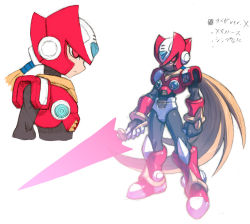 1boy armor blonde_hair bodysuit capcom energy_blade energy_sword full_body gloves go! helmet holding holding_sword holding_weapon insignia long_hair male_focus mega_man_(series) mega_man_x_(series) mega_man_zero_(series) mega_man_zero_3 multiple_views omega_(mega_man) red_eyes simple_background sword very_long_hair weapon white_background zero(z)_(mega_man) zero_(mega_man)