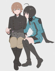 &lt;o&gt;_&lt;o&gt; 1boy 1girl ahoge amatori_chika animal animal_on_lap black_cat black_footwear black_gloves black_hair black_skirt blush bob_cut boots breast_pocket brown_hair brown_pants cat closed_mouth crossed_ankles ema_yuzuru frown full_body gloves grey_background headpat highres invisible_chair jacket knee_boots knees_together_feet_apart long_sleeves looking_at_animal looking_at_another miniskirt nervous on_lap pants pants_tucked_in pocket purple_eyes short_hair sideways_glance simple_background sitting skirt smile sweat uniform world_trigger yawai_tofu