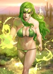 bikini breasts green_eyes green_hair green_lips highres large_breasts long_hair looking_at_viewer marvel muscular muscular_female navel polaris_(x-men) solo swimsuit the_c0rner x-men