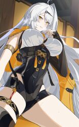 1girl absurdres ahoge asymmetrical_gloves black_gloves black_unitard blush breasts cowboy_shot elbow_gloves gloves hair_ornament heavy_breathing highres jacket large_breasts long_hair looking_at_viewer okutogi single_elbow_glove single_hair_intake solo uneven_gloves white_hair yellow_eyes yellow_jacket yin_yang_pin yixuan_(zenless_zone_zero) zenless_zone_zero