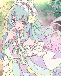 1girl aqua_dress aqua_hair arm_at_side assault_lily bare_shoulders blush bow collar commentary_request cowboy_shot criss-cross_halter day dress dress_bow finger_to_cheek floating_hair flower frilled_collar frilled_dress frilled_hairband frilled_sleeves frills green_bow green_collar green_eyes green_ribbon hair_between_eyes hair_ribbon hairband halter_dress halterneck hand_up hedge honkawa_works light_smile lolita_fashion lolita_hairband long_hair long_sleeves looking_at_viewer multicolored_dress off-shoulder_dress off_shoulder official_alternate_costume official_alternate_hairstyle outdoors parted_lips pink_flower purple_dress ribbon ribbon-trimmed_sleeves ribbon_trim sidelocks sleeve_ribbon solo standing striped_bow toki_kureha very_long_hair wavy_hair white_hairband wide_sleeves yellow_dress yellow_flower