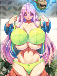 1girl :&lt; bare_shoulders blue_fire blue_shirt blush bow bow_panties bra breasts clothes_pull collarbone cowboy_shot fire green_bra green_panties groin hata_no_kokoro highres holding holding_bra holding_underwear holding_unworn_clothes huge_breasts indoors leaf leaf_print light_particles linea_alba long_hair long_sleeves looking_at_viewer mask open_mouth panties pink_eyes pink_hair pink_skirt pixiv_id pixiv_username plaid_clothes plaid_shirt plant shiny_skin shirt signature skirt skirt_pull solo standing stomach sweat thigh_gap touhou twitter_username umigarasu_(kitsune1963) underboob underwear unworn_bra very_long_hair