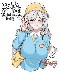 1girl absurdres bag between_breasts blue_shirt blush breasts character_name cropped_torso dated embarrassed eternity_(reverse:1999) furrowed_brow grin hand_up hat highres justina_(sduy5347) kindergarten_bag kindergarten_uniform kodomo_no_hi large_breasts long_hair looking_at_viewer name_tag reverse:1999 school_hat shirt signature smile solo sweat upper_body v white_background white_hair yellow_bag yellow_eyes yellow_hat
