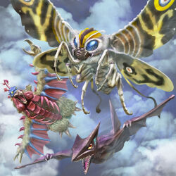 aerial_battle antennae battle beak bioluminescence bird birdon_(ultra_series) blue_eyes blue_sky bug claws cloud cloudy_sky colored_sclera compound_eyes crest crossover daiei_motion_picture day feathers flying gamera_(series) gamera_vs._gyaos glowing glowing_ears glowing_eyes godzilla,_mothra_and_king_ghidorah:_giant_monsters_all-out_attack godzilla_(series) gyaos igunuk insect kaiju legs mandibles moth mothra multiple_crossover no_humans no_pupils open_mouth overcast pterosaur red_eyes sharp_teeth sky tail talons teeth toho tongue tsuburaya_productions ultra_series ultraman_tarou_(series) wings yellow_sclera