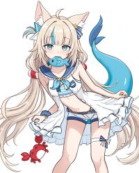 1girl absurdres animal_ear_fluff animal_ears belt bikini bikini_under_clothes blonde_hair blue_bikini blue_eyes blue_hair blue_nails bow cat_ears crab dress feet_out_of_frame fins fish fish_girl fish_tail flat_chest highres indie_virtual_youtuber kaniki_(sameko_saba) lifebuoy_hair_ornament long_hair looking_at_viewer low_twintails mouth_hold multicolored_hair nail_polish navel open_clothes open_dress paper_boat sailor_collar sameko_saba sameko_saba_(fish) scrunchie short_shorts shorts simple_background skirt_hold sleeveless solo standing streaked_hair suoniko swimsuit tail twintails virtual_youtuber white_background white_dress white_shorts wrist_scrunchie