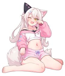 1girl :d animal_ears barefoot black_camisole camisole cat_ears cat_girl cat_tail crop_top cropped_hoodie dolphin_shorts fang full_body highres hood hood_down hoodie long_hair looking_at_viewer midriff navel open_mouth original paw_print_tattoo pink_shorts prosthetic_ear rubbing_eyes shorts simple_background sitting skin_fang sleepy smile stomach strap_slip tail tears ug_(nekonekodou) wariza white_background white_hair yellow_eyes
