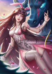 1girl absurdres animal_ears brown_hair douluo_dalu dragon falling_petals floating fur glowing glowing_eyes head_tilt highres horns long_hair looking_at_viewer no_86 parted_lips petals pink_eyes rabbit_ears solo teeth thighhighs xiao_wu_(douluo_dalu)