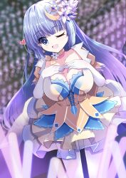 1girl blue_eyes blue_hair breasts cleavage collarbone crescent crescent_hair_ornament date_a_live dress dutch_angle earrings elbow_gloves flower frilled_dress frills gloves glowstick hair_flower hair_ornament highres izayoi_miku jewelry large_breasts long_hair multicolored_dress one_eye_closed open_mouth pantyhose smile solo tamaniwa_op white_gloves white_pantyhose yellow_dress