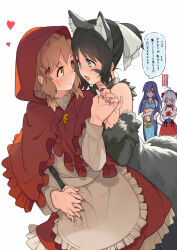 4girls big_bad_wolf big_bad_wolf_(cosplay) cloak cosplay face-to-face heart highres holding_hands hood hood_up hooded_cloak kazanari_tsubasa kohinata_miku little_red_riding_hood_(grimm) little_red_riding_hood_(grimm)_(cosplay) midriff mokutan_mmmm multiple_girls senki_zesshou_symphogear speech_bubble tachibana_hibiki_(symphogear) thought_bubble translation_request white_background white_hair yukine_chris