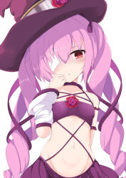 absurdres bandage_over_one_eye bandages breasts drill_hair emil_chronicle_online flower hand_on_own_cheek hand_on_own_face hat highres long_hair mummy_alma navel numahata_tofu. pink_hair purple_hat purple_skirt red_eyes rose skirt small_breasts twintails upper_body white_background wristband